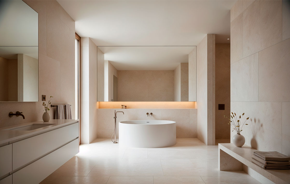 Cómo influye el diseño del baño en el bienestar Detalle de azulejo de gran formato en mármol travertino blanco mate con juntas mínimas en baño de diseño contemporáneo