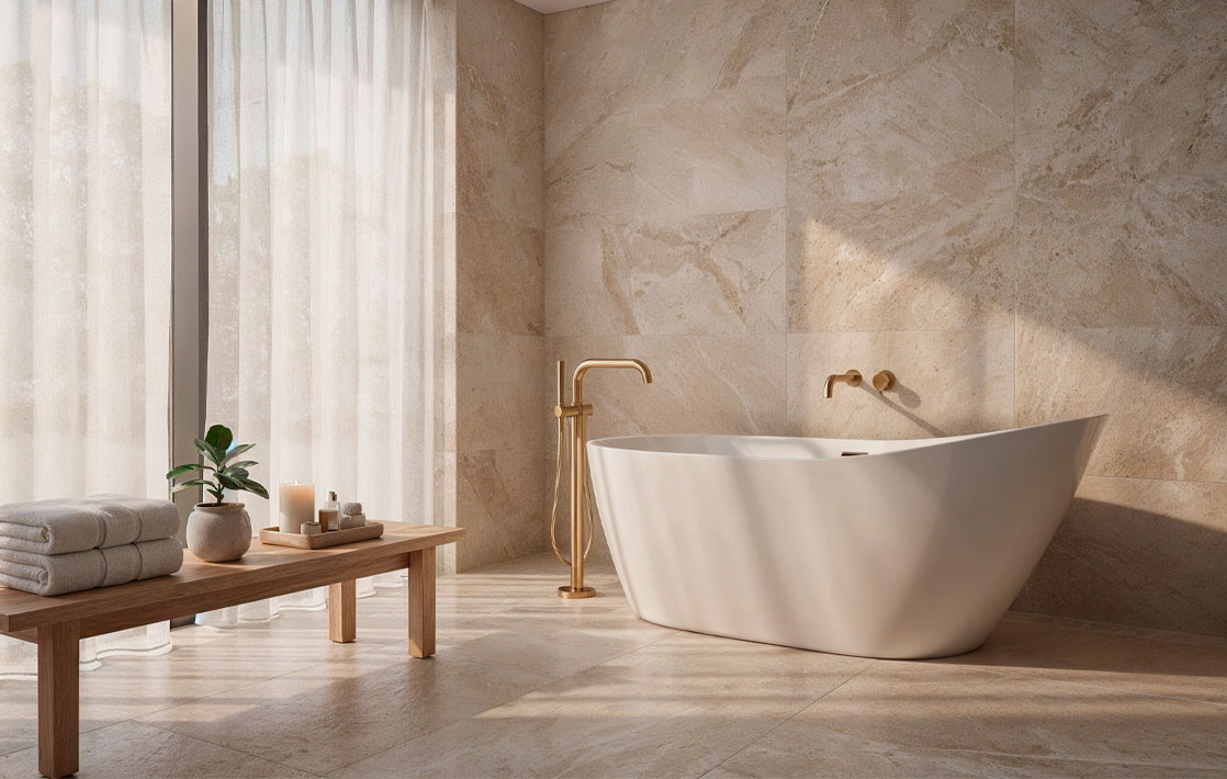 azulejos-que-relajan2 Detalle de azulejo de gran formato en mármol travertino blanco mate con juntas mínimas en baño de diseño contemporáneo