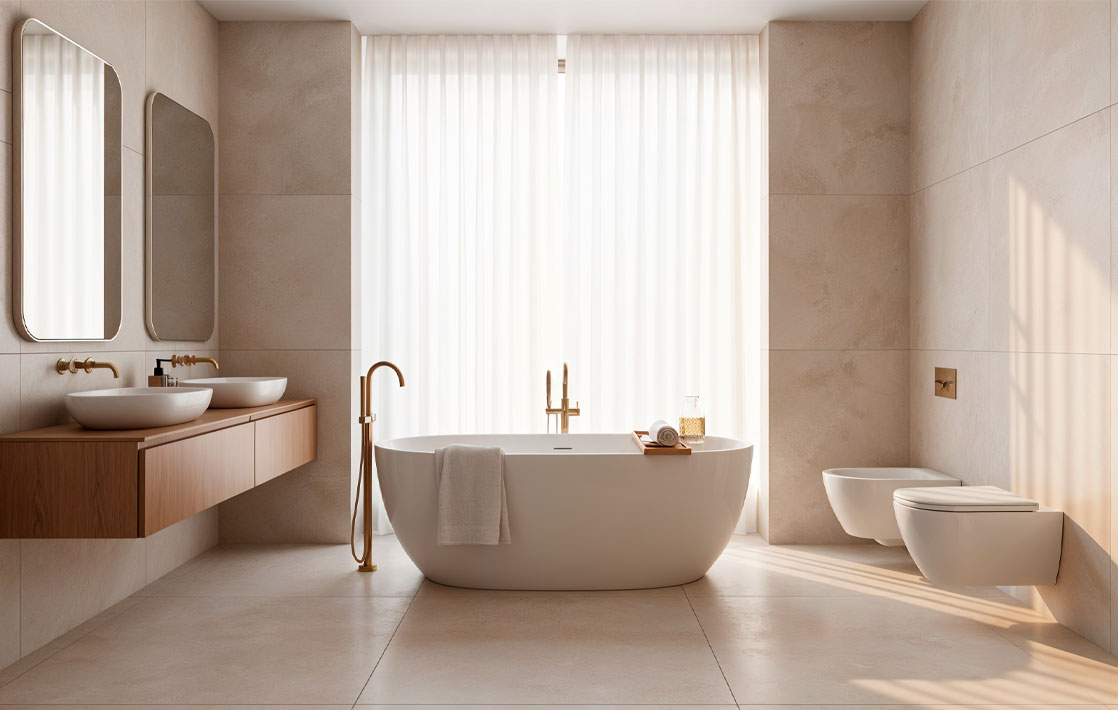 azulejos-que-relajan3 Detalle de azulejo de gran formato en mármol travertino blanco mate con juntas mínimas en baño de diseño contemporáneo