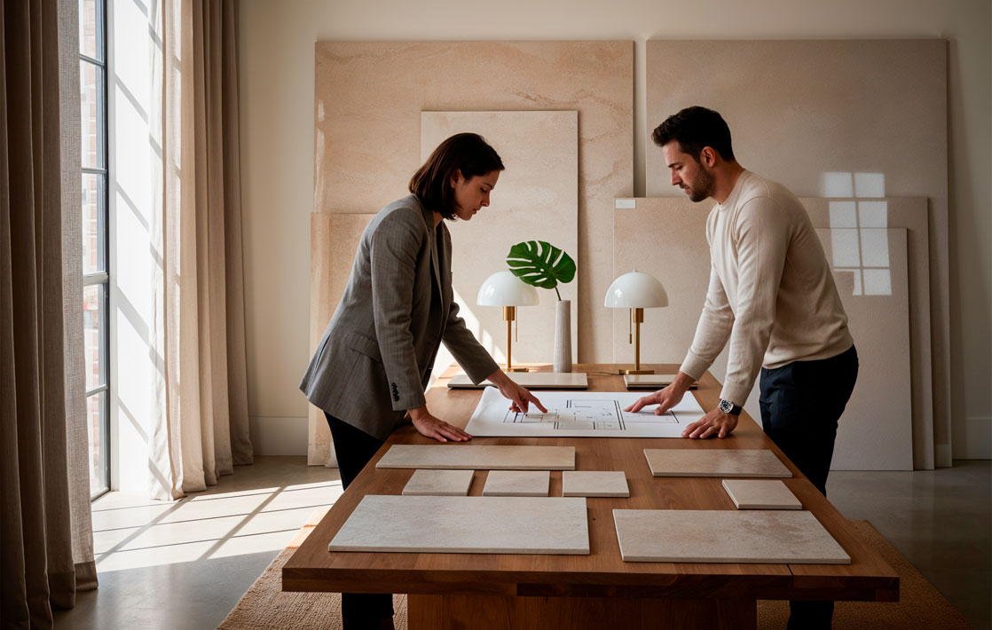 azulejos-que-relajan4 Asesoramiento en cenemar.es Detalle de azulejo de gran formato en mármol travertino blanco mate con juntas mínimas en baño de diseño contemporáneo