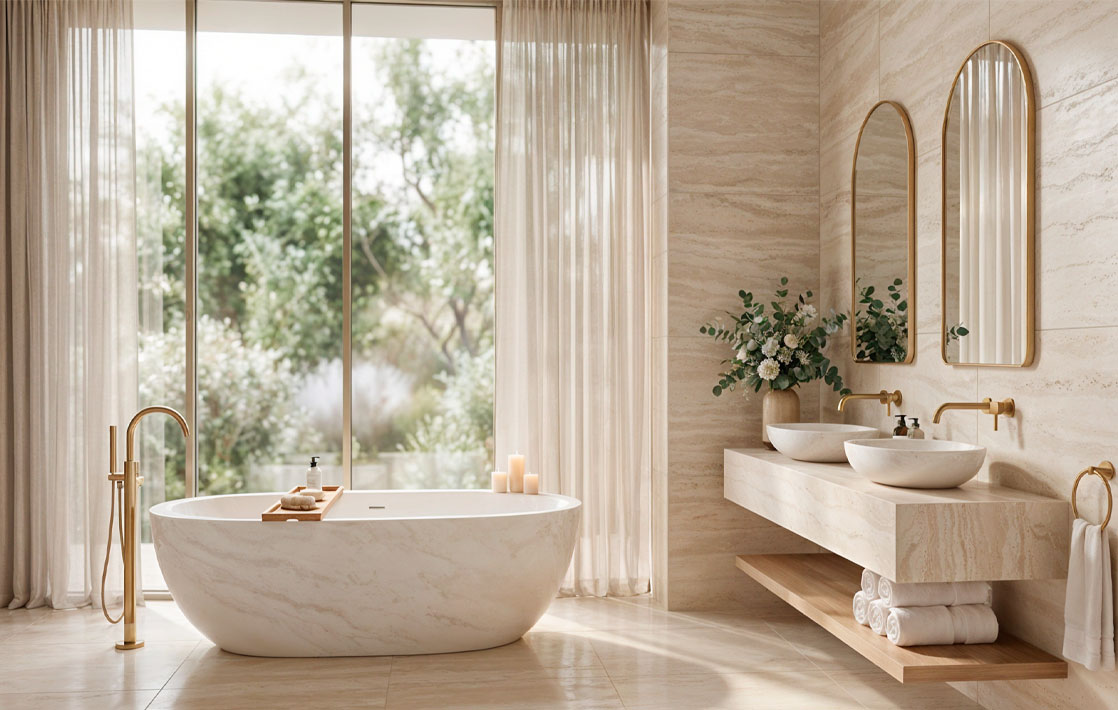 Cómo influye el diseño del baño en el bienestar Baño de diseño elegante con azulejos de gran formato en mármol travertino blanco mate y bañera exenta, iluminado con luz cálida y ambiente tipo spa